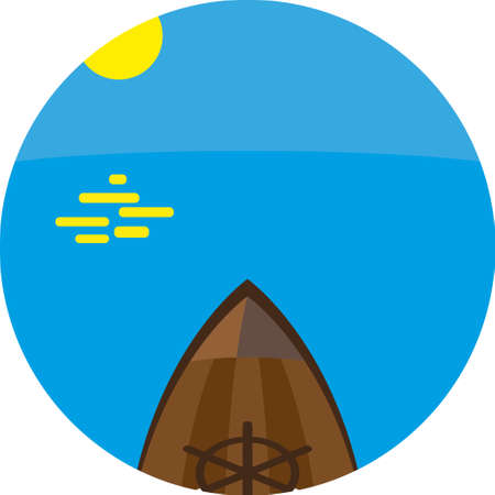 Round landscape icon. Flat style illustration. Rostrum of wooden ship, blue sea and sunのイラスト素材