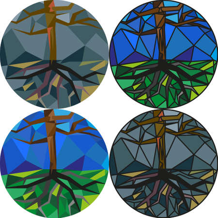 Set Round landscapes icon. Flat style illustration. Old tree in the soilのイラスト素材