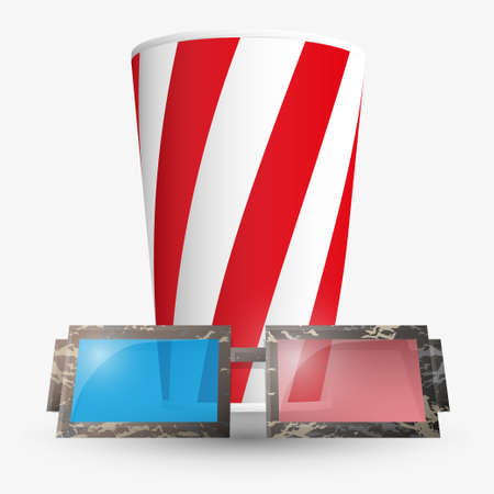 Cinema 3D glasses and popcorn bucket. Vector illustrationのイラスト素材