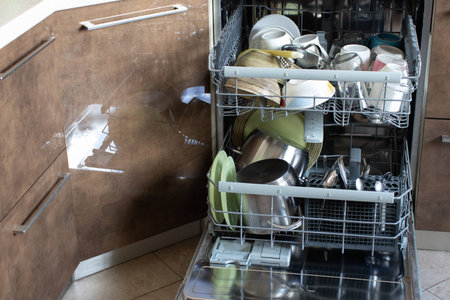 Clean utensil in dishwasher. Washed dishes, plates, cups, jars, mugs, cutlery, pots. Concept of hygiene, household, home care, water saving, helpers in everyday life.の写真素材