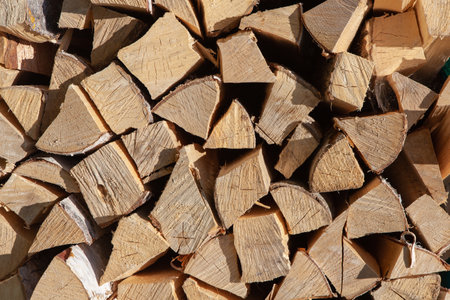 Background from stack of firewood from birch tree, for heating house, stacked in backyard, uncut wood, birch. Concept eco-friendly home heating during cold season. Overall plan. Horizontal format.の写真素材