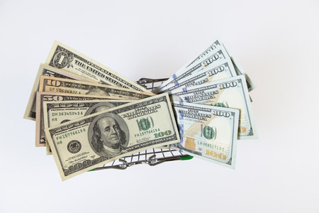 100 dollar bills in a mini shopping basket on a white background, top view, flat lay. Finance concept, buying currency, business. Paper money, offline purchases. Horizontal.の写真素材