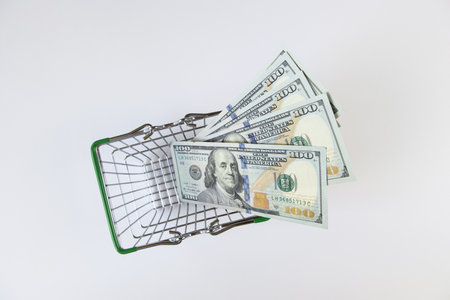 100 dollar bills in a mini shopping basket on a white background, top view, flat lay. Finance concept, buying currency, business. Paper money, offline purchases. Horizontal.の写真素材
