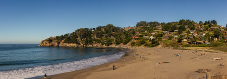 People lying on sandy beach by pacific ocean and sunbathing in California coast with houses and...