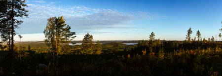Sunrise casts warm golden hues over vast Finnish forests, rolling hills and shimmering lakes, creating breathtaking autumn scenery with crisp air and clear sky enhancing nature's tranquility. Captured in Finland, Europe.の写真素材