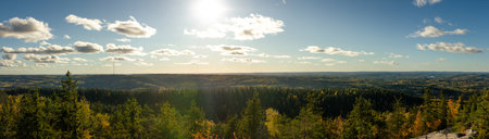 A breathtaking view from a high mountain viewpoint, where golden sunlight bathes rolling hills and dense forests beneath a vast open sky, creating a serene Nordic landscape stretching into the horizon. Captured in Finland, Europe.の写真素材