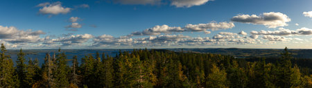 Golden autumn hues blanket rolling hills and dense forests, overlooking a vast Nordic lake under an expansive sky filled with dramatic clouds, capturing untouched natural beauty and serenity. Captured in Finland, Europe.の写真素材