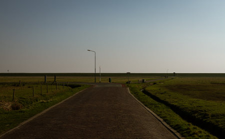 A long brick road stretches towards the horizon, flanked by green pastures under a vast open sky....