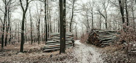 Winter woodland scene shows snowy path passing between stacked logs, frost-covered trees, muted...