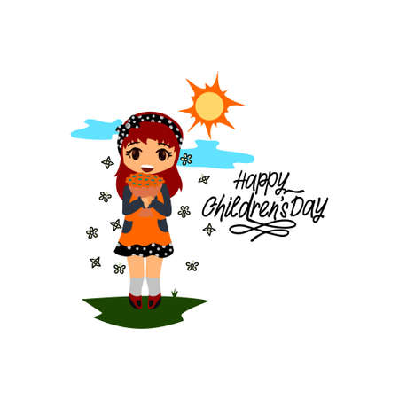 Girl kid holding flowers in garden. Happy Children's Dayのイラスト素材