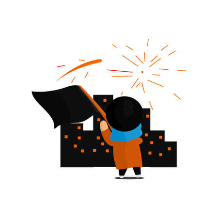 Independence Day illustration. People are shaking the national flag. Cute cartoon characterのイラスト素材