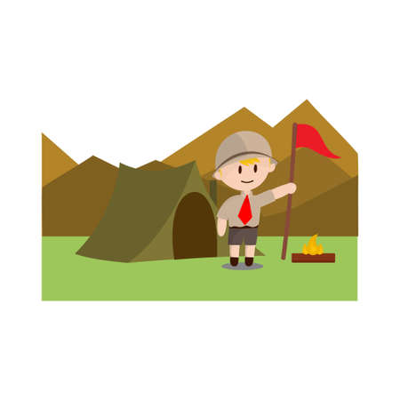 Boy scout character in uniform standing Camp on mountain Design Illustrationのイラスト素材