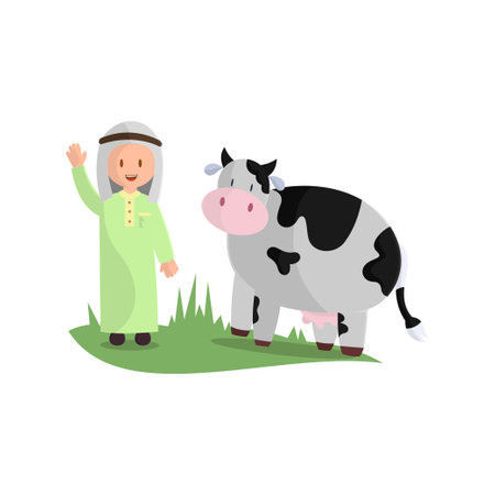 Happy Eid Adha. Celebration of Muslim holiday the sacrifice a cowのイラスト素材