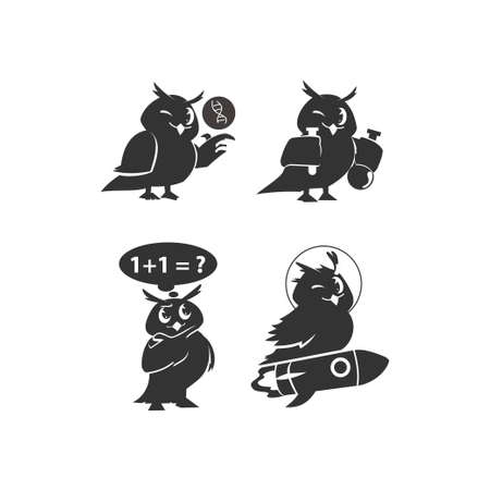 School owls. Color cute birds studying in school Template. Teaching education cartoon vector characters setのイラスト素材