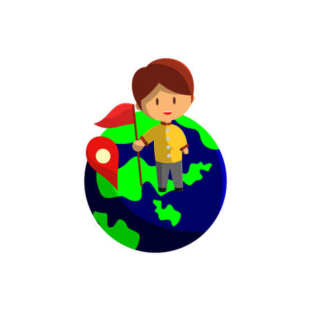 Boy is traveling on a globe . Character Vector Illustration on the theme World Tourismのイラスト素材