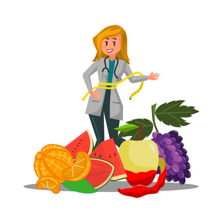 female doctor nutritionist weight loss with fruitsのイラスト素材