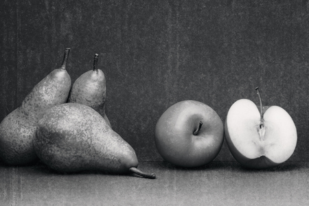 Black and white, still life with autumn fruitの写真素材