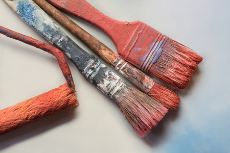 Tools for painters, set of paint brushes on white backgroundの写真素材