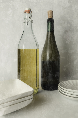 Retro kitchen, close-up of bottles and dishes on the tableの写真素材