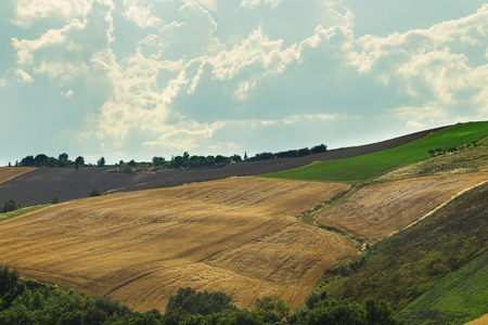 Countryside landscape, cultivated fields and cloudy skyの写真素材