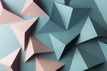 Macro image of folded cards in geometric shapes, 3d illustration, abstract backgroundの写真素材