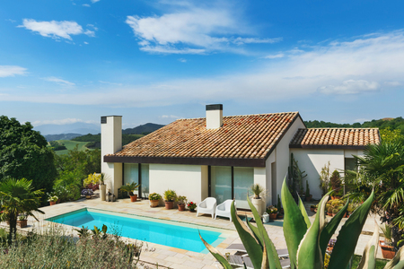 Architecture, white modern house with pool, blue skyの写真素材