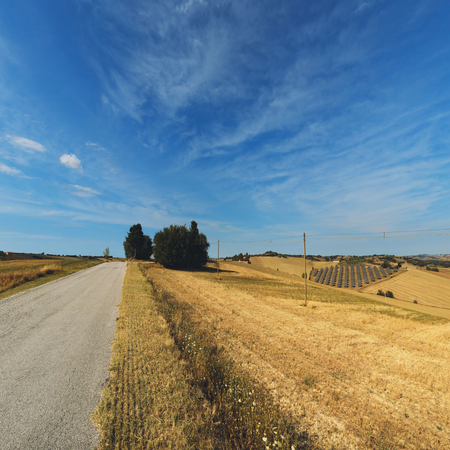 Beautiful view of countryside landscape, blue sky and fields at summerの写真素材