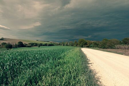 View of rural landscape in spring, white country road and dramatic skyの写真素材