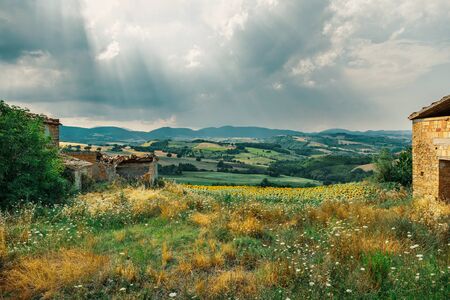 Beautiful rural landscape of countryside, meadows and cultivated fieldsの写真素材