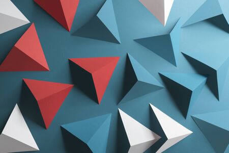 Triangular shapes of paper on blue background, abstract 3d illustrationの写真素材