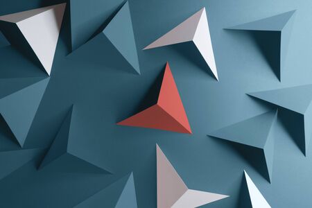 Triangular shapes of paper on blue background, abstract 3d illustrationの写真素材