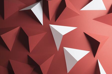 Red and white triangular shapes of paper, abstract 3d illustrationの写真素材