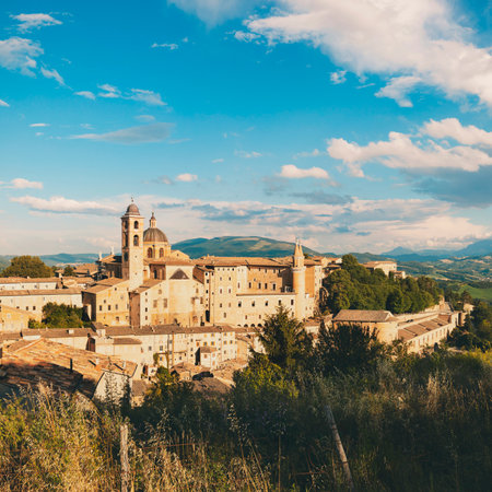 Urbino, Italy - June 17, 2020: View of the Ducal Palace from the Albornoz fortress at sunsetのeditorial素材