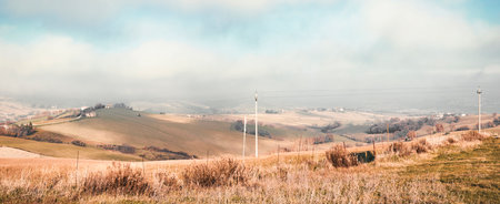 Countryside landscape in the haze, panoramic viewの写真素材