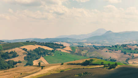 Rural landscape in summer day, cultivated field and mountains