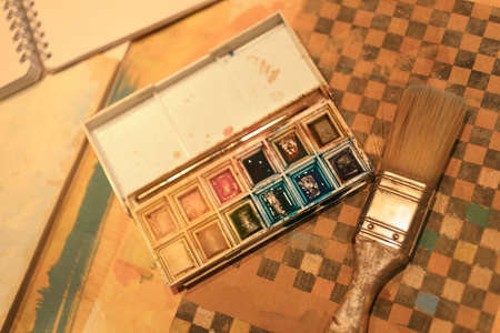 Tools of artist on the table, watercolor paletteの写真素材