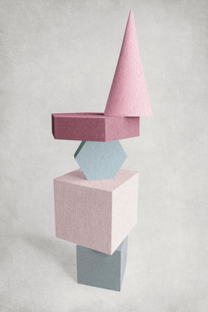 Tower made wooden geometric shape objects, abstract