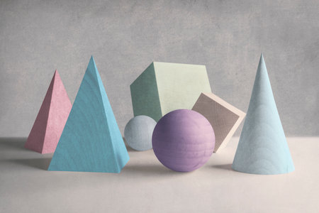 Close-up of colorful solid geometric shapes, abstract