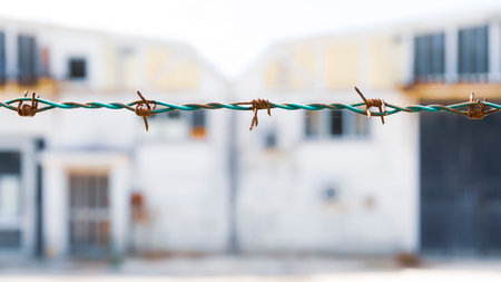 Rusty barbed wire close-up, industrial bokeh on backgroundの写真素材