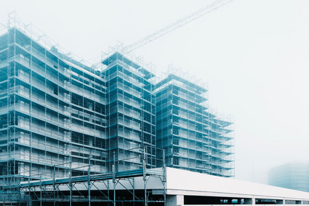 Construction site, building under construction, foggy