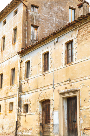 Exterior of abandoned rural house, facade viewの写真素材