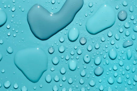 Fresh water drops on smooth surface, light blue backgroundの写真素材