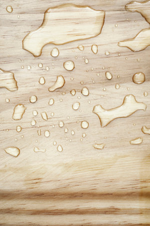 Close-up of fresh water drops on wooden surfaceの写真素材