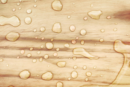 Close-up of fresh water drops on wooden surfaceの写真素材