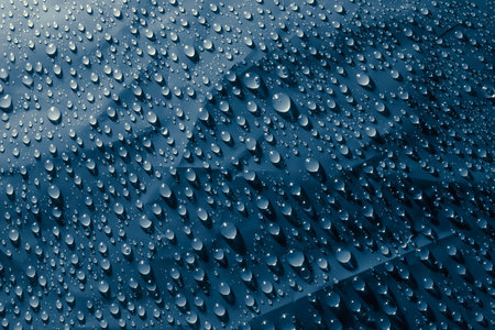 Water drops on blue surface, texture backgroundの写真素材