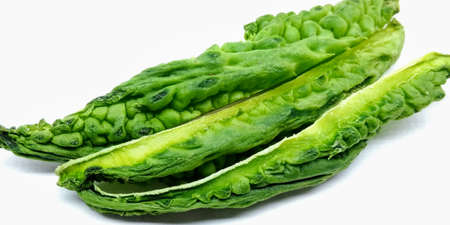 A picture of Bitter gourd slices on a white backgroundの写真素材