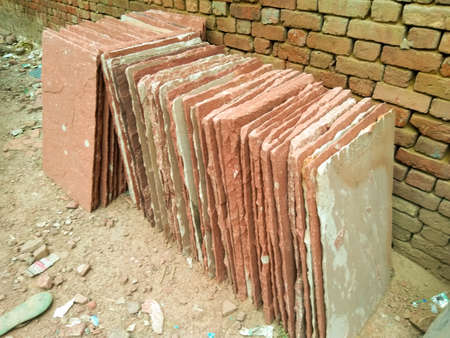 A picture of red sandstone tiles with selective focusの写真素材