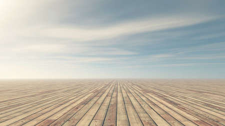 Background composed of a wooden floor and a bright sky.の写真素材