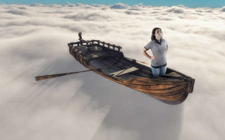 Dream concept: woman sitting in a beautiful boat floating overcloudsの写真素材