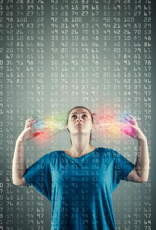 Young girl transfering data.の写真素材